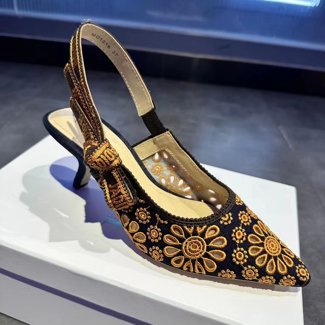 Dior CD Women J’Adior Slingback Pump Blue Denim Embroidered Camel-Colored Saint-Gall Motif