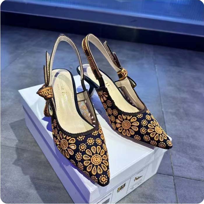 Dior CD Women J’Adior Slingback Pump Blue Denim Embroidered Camel-Colored Saint-Gall Motif