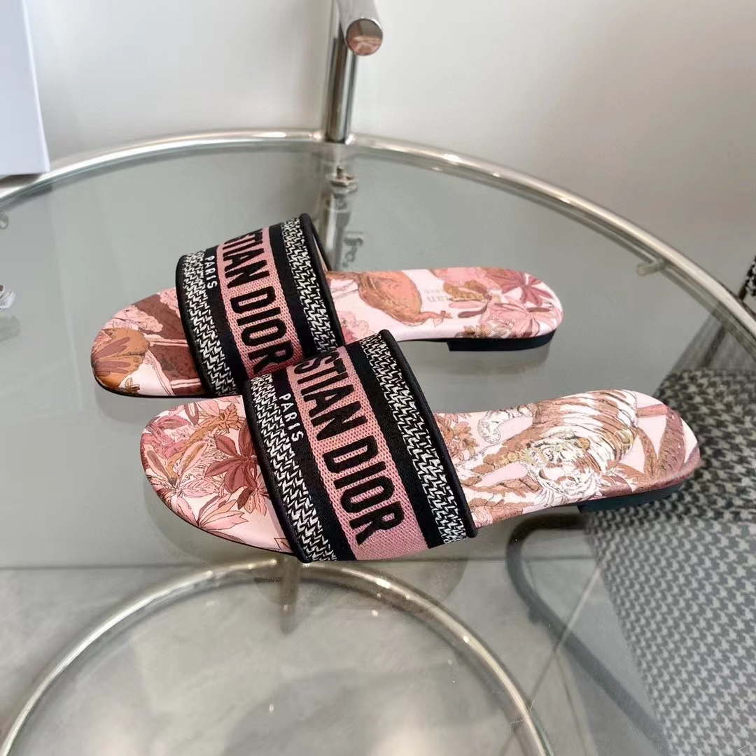 Dior Unisex CD Dway Slide Embroidered Cotton Indy Pink Multicolor Toile De Jouy Voyage