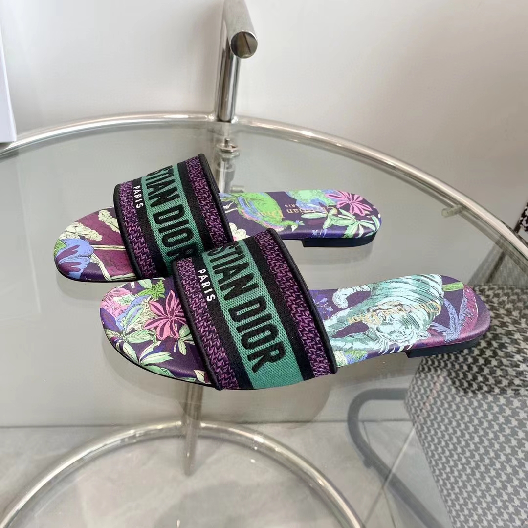 Dior Unisex CD Dway Slide Embroidered Cotton Purple Multicolor Toile De Jouy Voyage