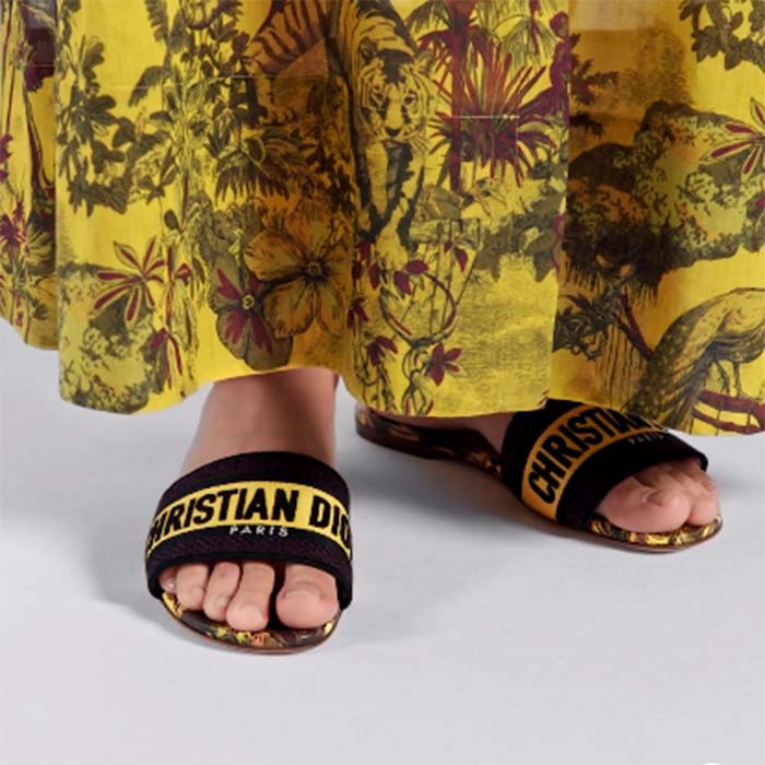 Dior Unisex CD Dway Slide Lime Yellow Multicolor Embroidered Cotton Toile De Jouy Voyage