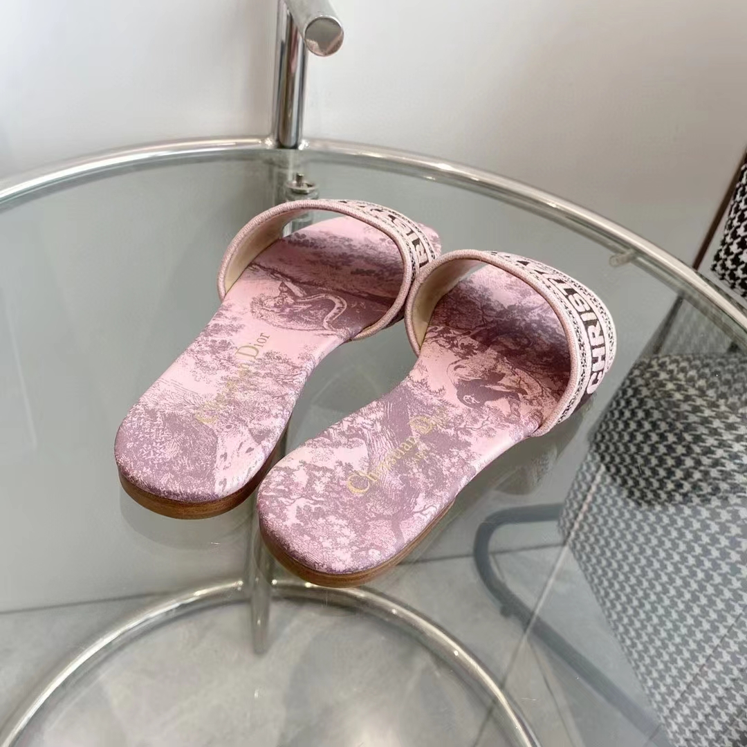 Dior Unisex CD Dway Slide Pink Gray Embroidered Cotton Toile De Jouy Sauvage