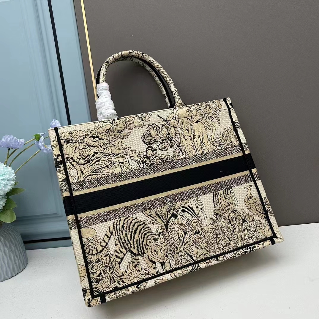 Dior Unisex CD Large Book Tote Beige Multicolor Toile De Jouy Voyage Embroidery