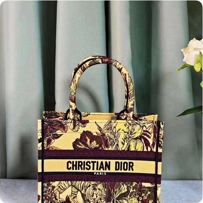 Dior Unisex CD Medium Book Tote Yellow Multicolor Toile De Jouy Voyage Embroidery