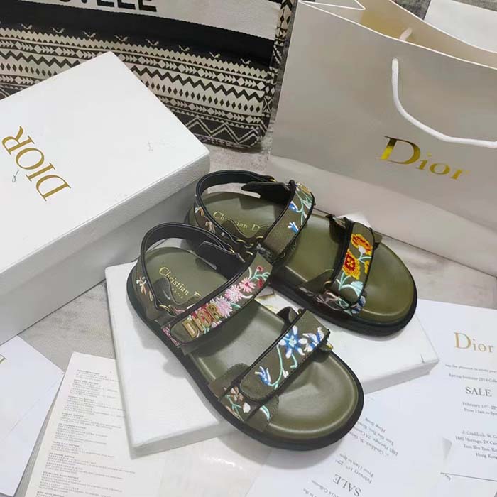 Dior Women CD Dioract Sandal Khaki Multicolor Technical Fabric Embroidered Petites Fleurs Motif