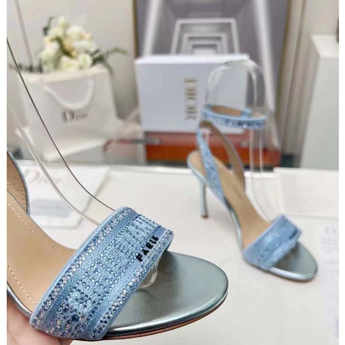 Dior Women CD Dway Heeled Sandal Blue Cotton Embroidered Metallic Thread Strass