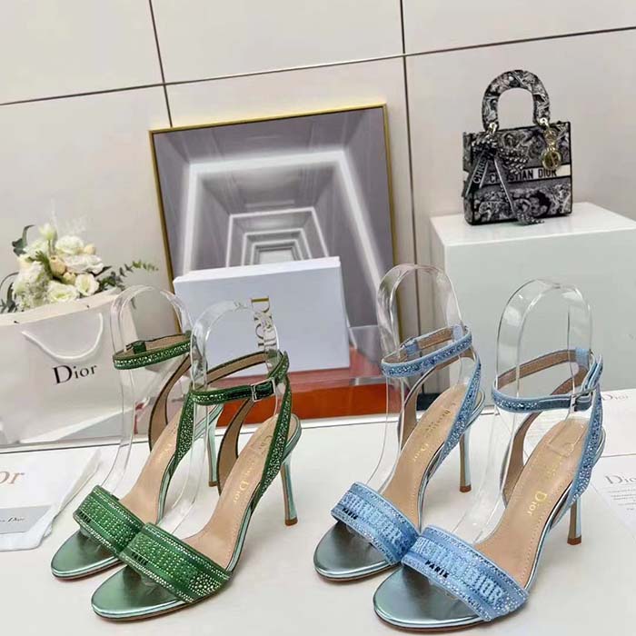 Dior Women CD Dway Heeled Sandal Blue Cotton Embroidered Metallic Thread Strass