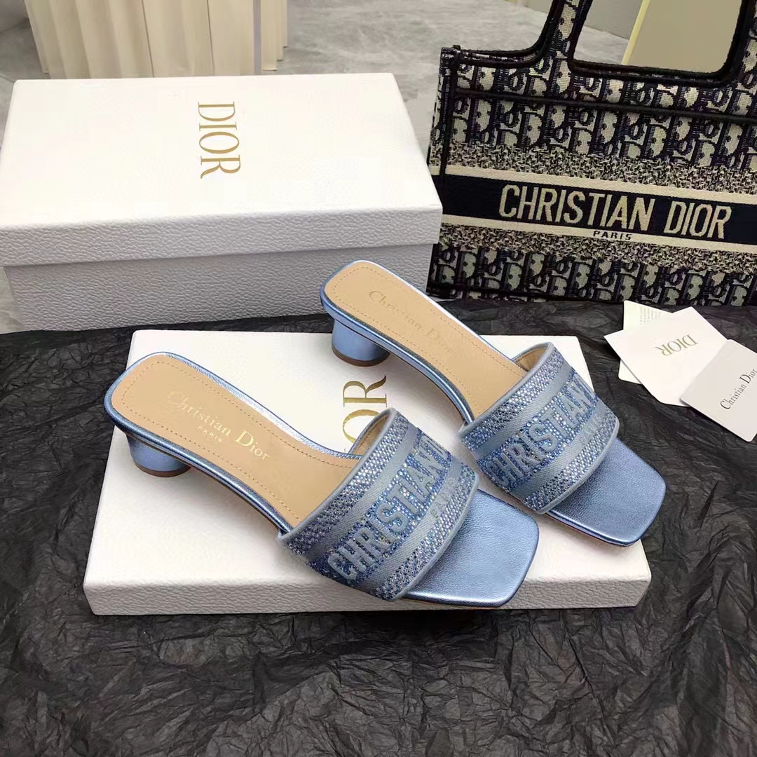 Dior Women CD Dway Heeled Slide Blue Cotton Embroidered Metallic Thread Strass