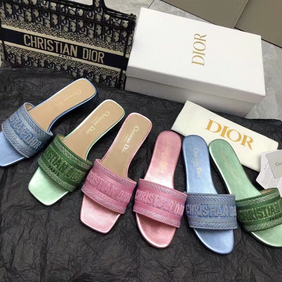 Dior Women CD Dway Heeled Slide Blue Cotton Embroidered Metallic Thread Strass