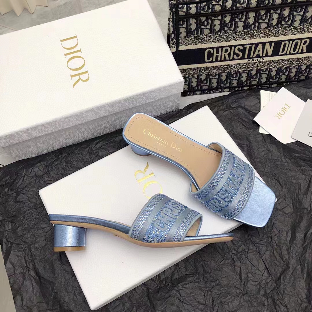 Dior Women CD Dway Heeled Slide Blue Cotton Embroidered Metallic Thread Strass