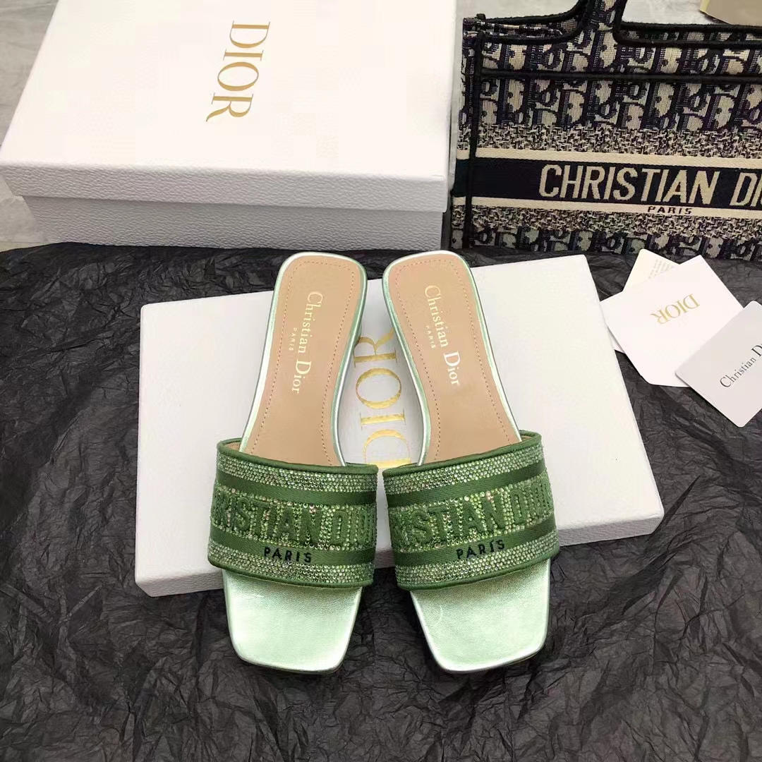 Dior Women CD Dway Heeled Slide Green Cotton Embroidered Metallic Thread Strass