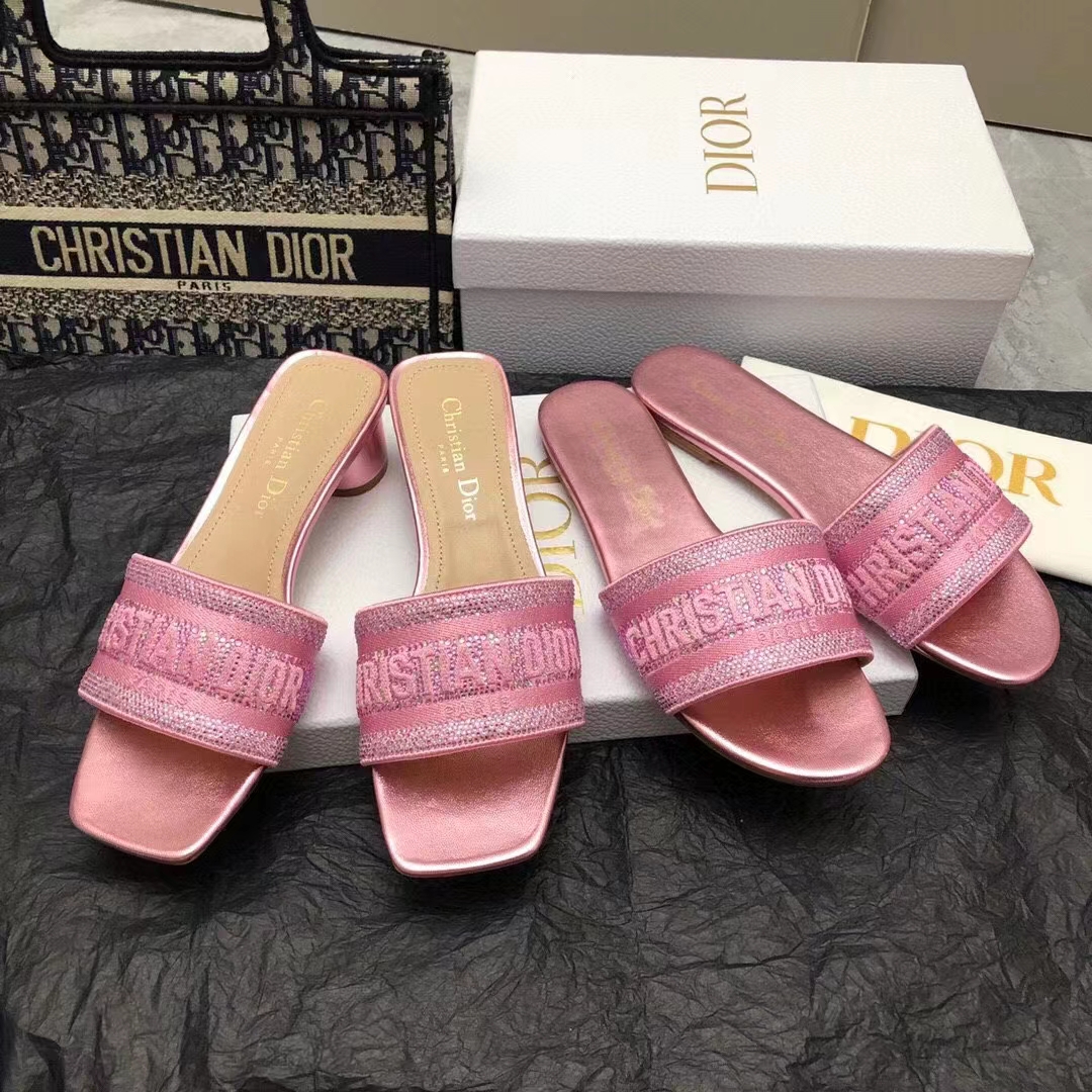 Dior Women CD Dway Heeled Slide Pink Cotton Embroidered Metallic Thread Strass
