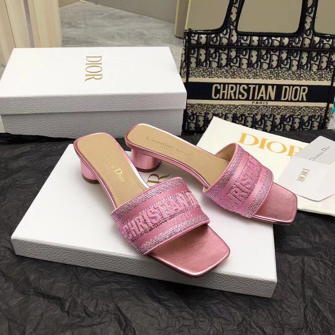 Dior Women CD Dway Heeled Slide Pink Cotton Embroidered Metallic Thread Strass