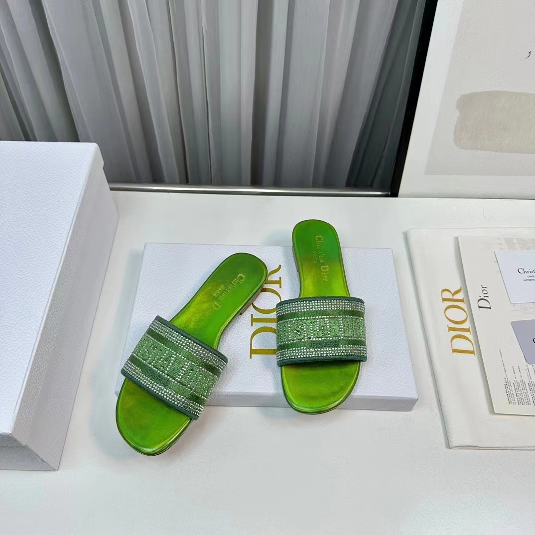 Dior Women CD Dway Slide Green Cotton Embroidered Metallic Thread Strass