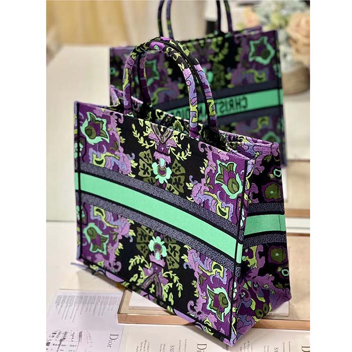 Dior Women CD Large Dior Book Tote Multicolor Dior Indian Purple Embroidery