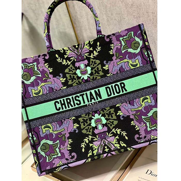 Dior Women CD Large Dior Book Tote Multicolor Dior Indian Purple Embroidery