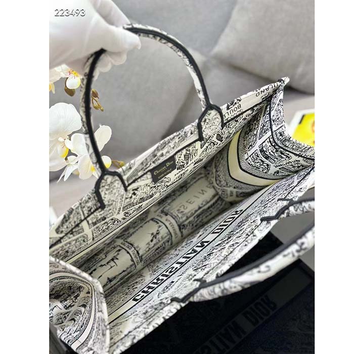 Dior Women CD Large Dior Book Tote White Black Plan De Paris Embroidery
