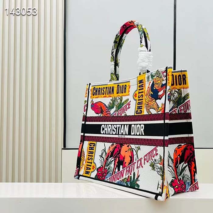 Dior Women CD Large Dior Book Tote White Multicolor Indian Animals Embroidery