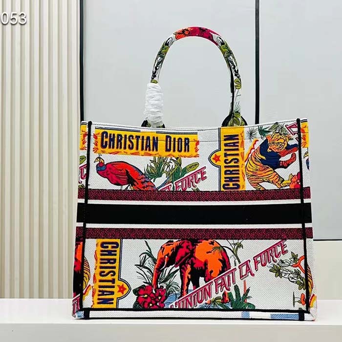 Dior Women CD Large Dior Book Tote White Multicolor Indian Animals Embroidery