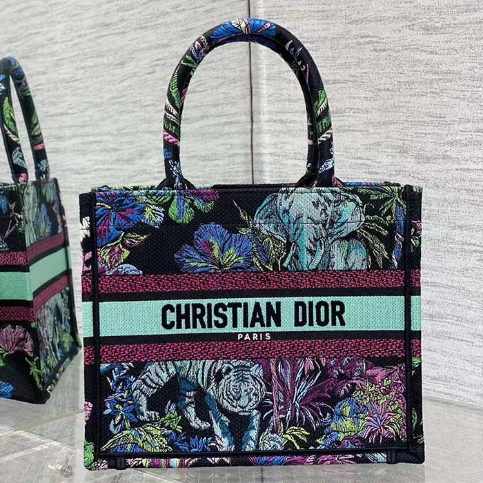 Dior Women CD Medium Book Tote Blue Multicolor Toile De Jouy Voyage Embroidery
