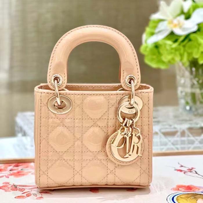 Dior Women CD Mini Lady Dior Bag Aesthetic Beige Patent Cannage Lambskin