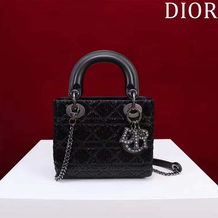 Dior Women CD Mini Lady Dior Bag Black Cannage Cotton Embroidered Micropearls