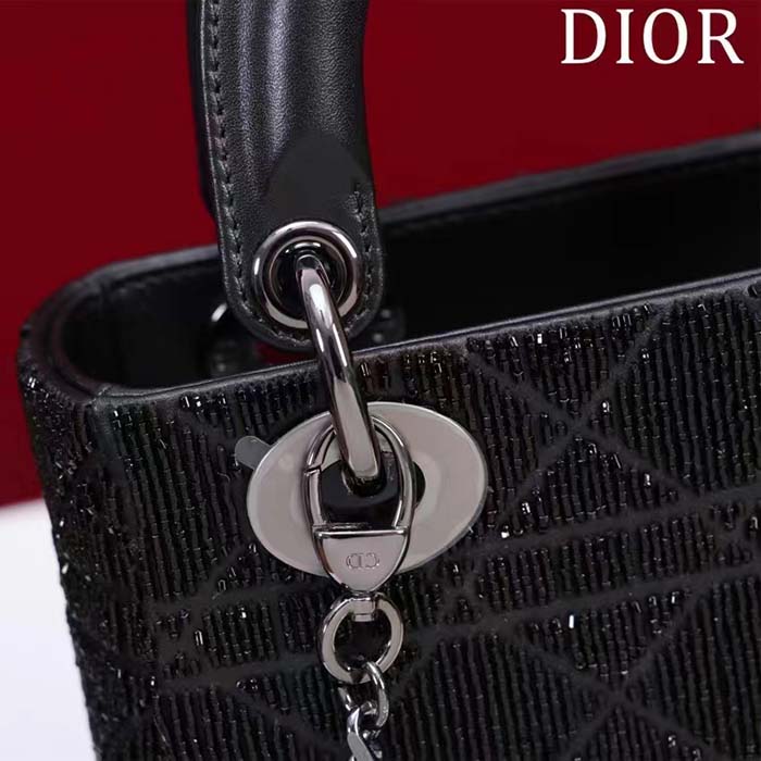 Dior Women CD Mini Lady Dior Bag Black Cannage Cotton Embroidered Micropearls