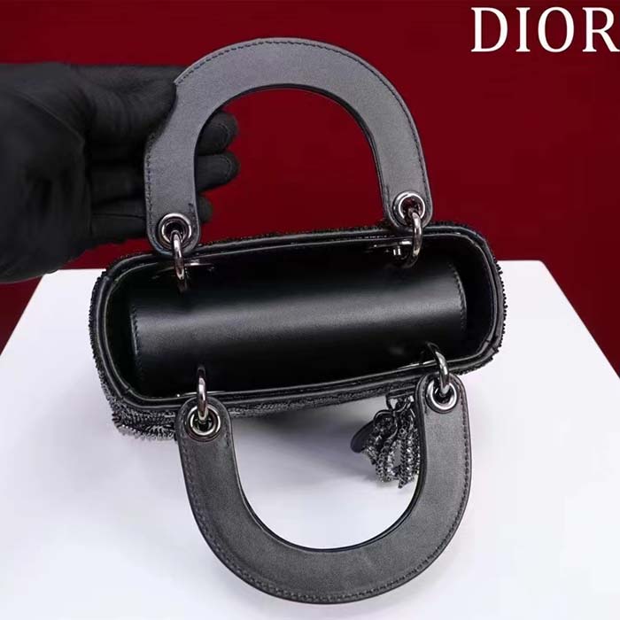 Dior Women CD Mini Lady Dior Bag Black Cannage Cotton Embroidered Micropearls