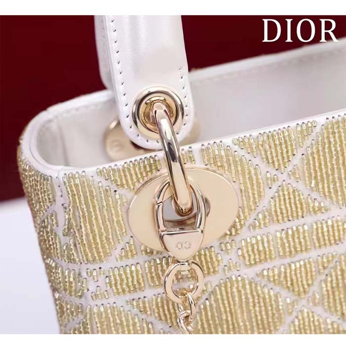 Dior Women CD Mini Lady Dior Bag Caramel Beige Cannage Cotton Embroidered Micropearls