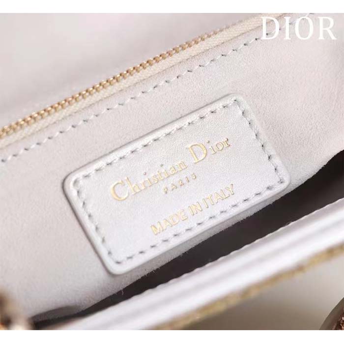 Dior Women CD Mini Lady Dior Bag Caramel Beige Cannage Cotton Embroidered Micropearls