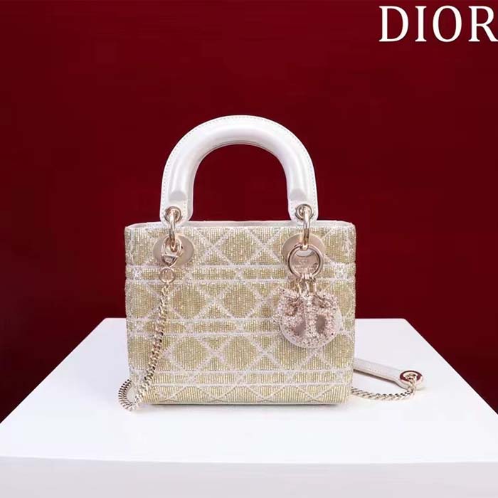 Dior Women CD Mini Lady Dior Bag Caramel Beige Cannage Cotton Embroidered Micropearls