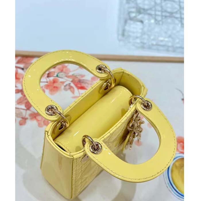 Dior Women CD Mini Lady Dior Bag Yellow Patent Cannage Lambskin