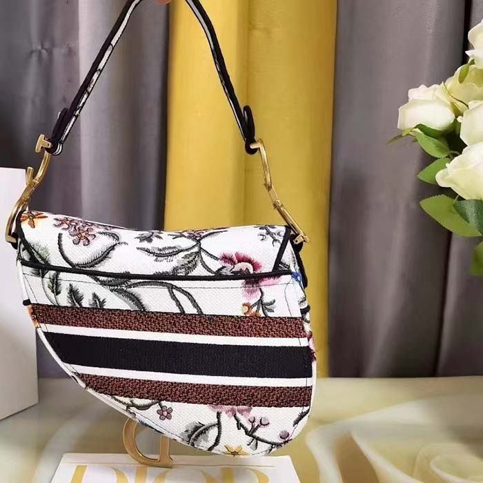 Dior Women CD Saddle Bag White Multicolor Dior Petites Fleurs Embroidery