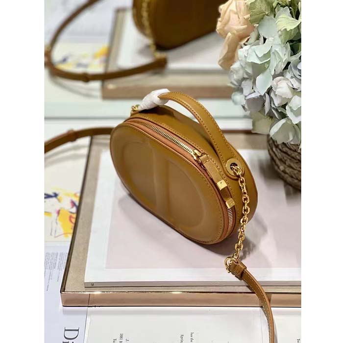 Dior Women CD Signature Oval Camera Bag Golden Saddle Calfskin Calfskin Embossed