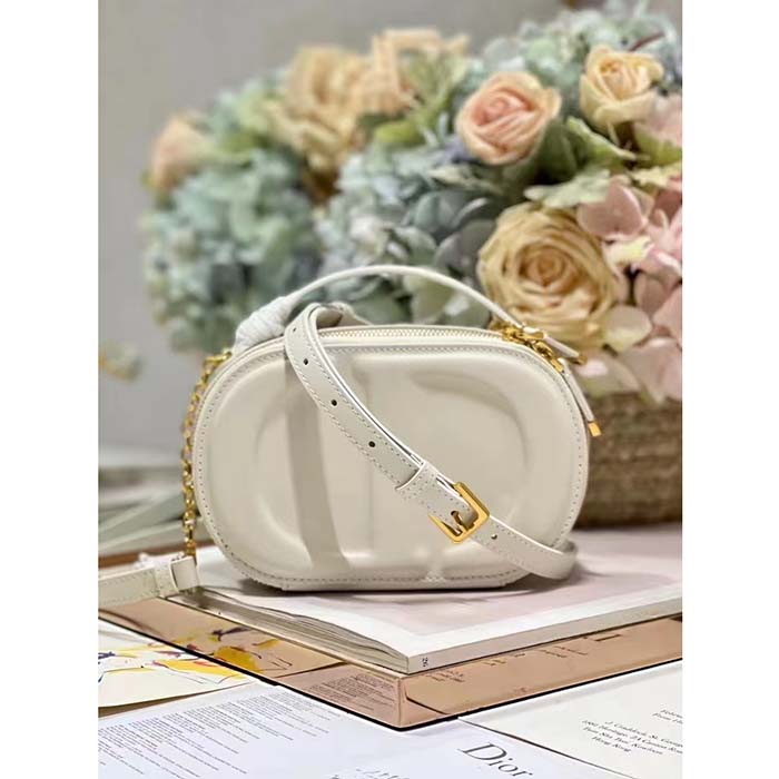 Dior Women CD Signature Oval Camera Bag Latte Calfskin Calfskin Embossed