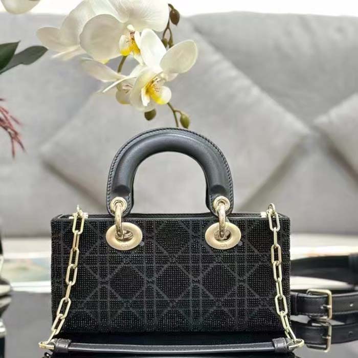 Dior Women CD Small Lady D-Joy Bag Black Cannage Cotton Micropearl Embroidery