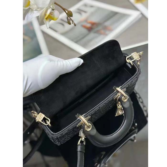 Dior Women CD Small Lady D-Joy Bag Black Cannage Cotton Micropearl Embroidery