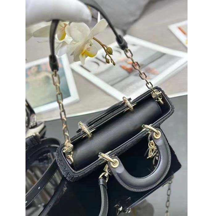 Dior Women CD Small Lady D-Joy Bag Black Cannage Cotton Micropearl Embroidery