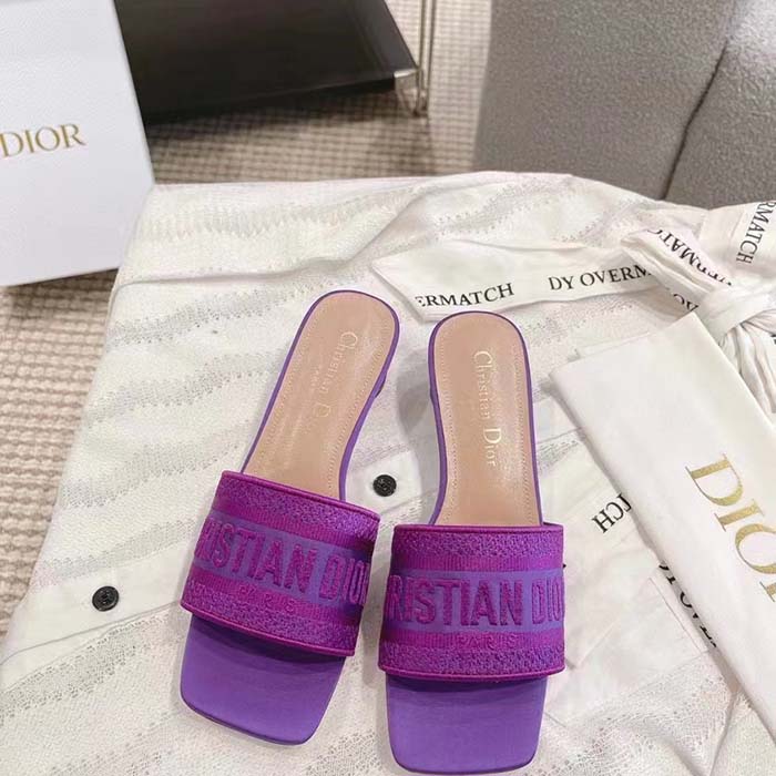 Dior Women Shoes Dway Heeled Slide Purple Embroidered Satin Cotton