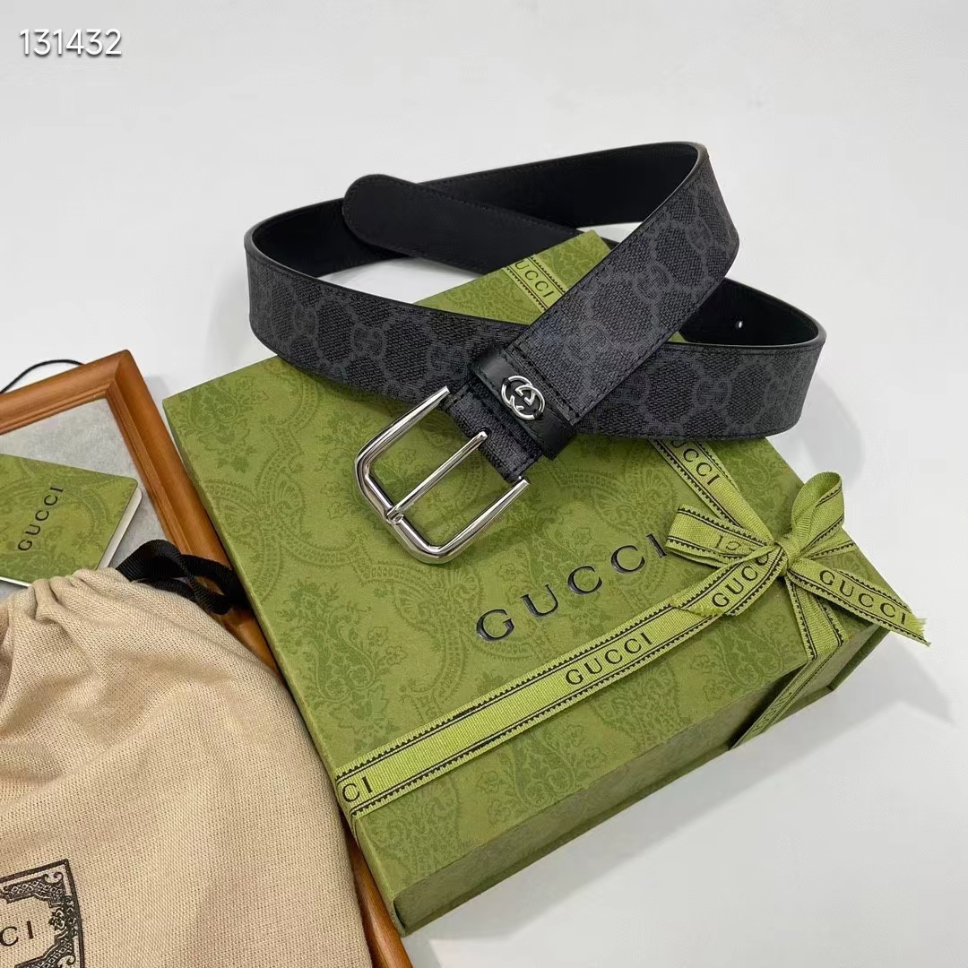 G*u*i gg unisex belt interlockig g black gg supreme canvas leather square buckle