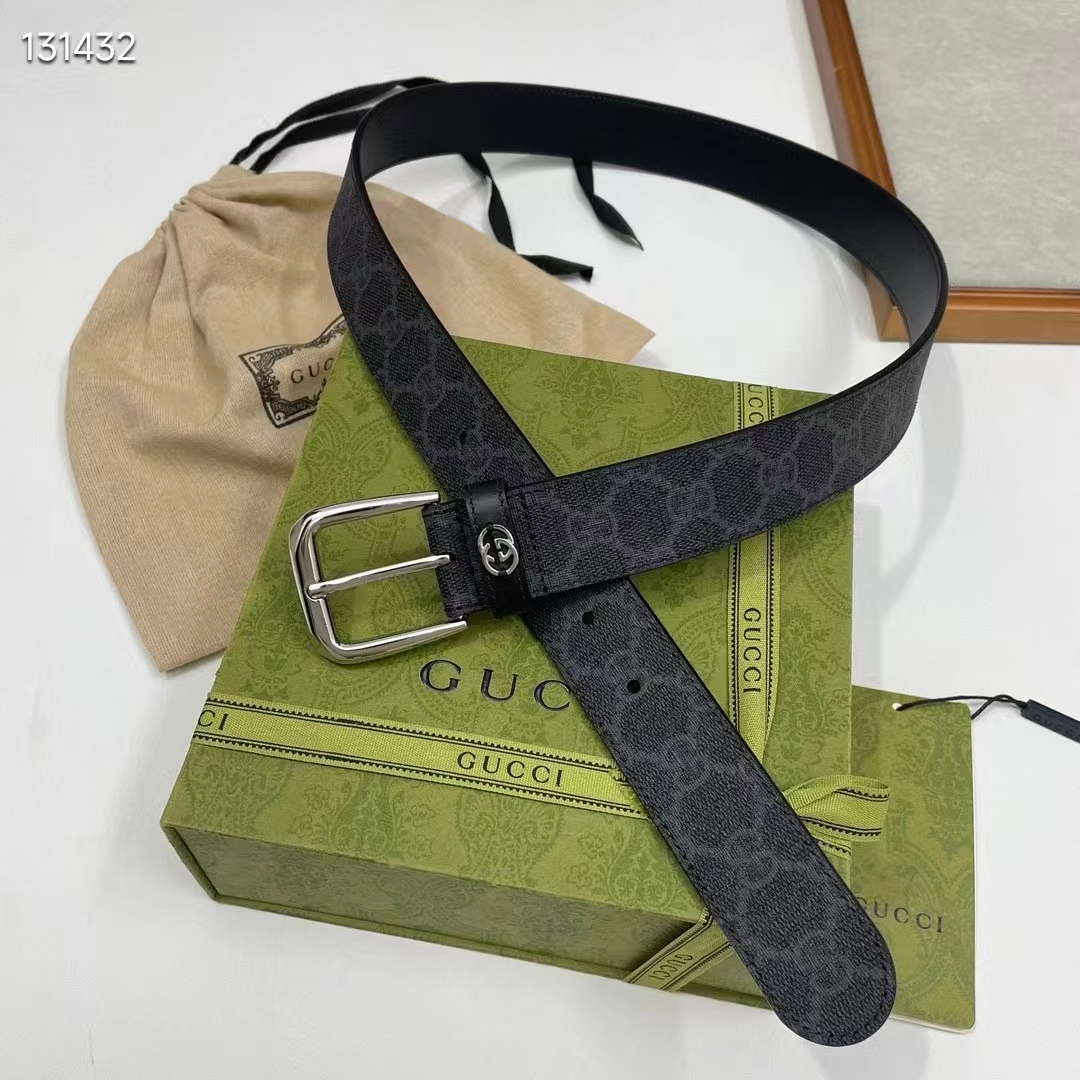 G*u*i gg unisex belt interlockig g black gg supreme canvas leather square buckle