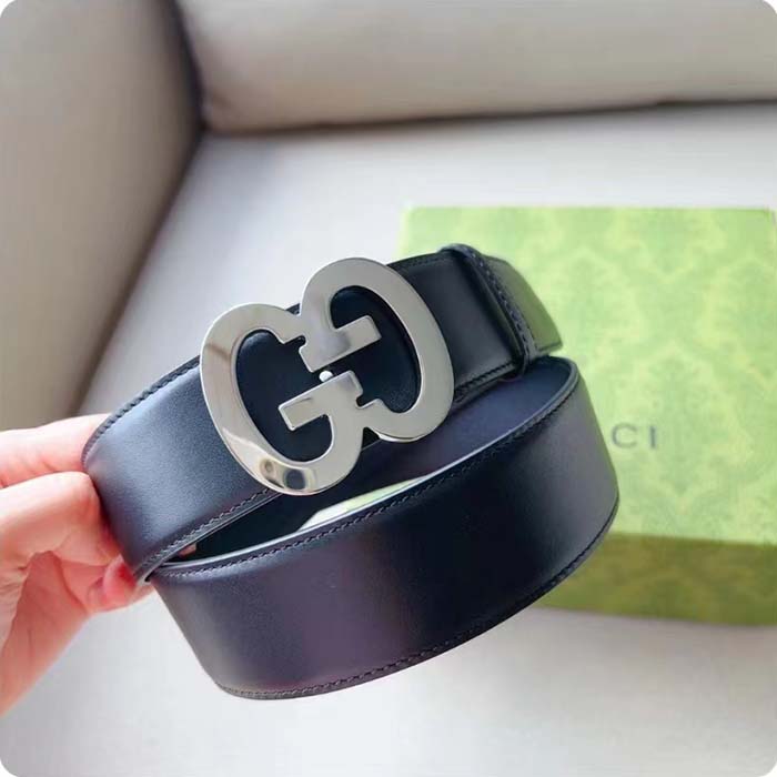 G*u*i gg unisex buckle wide belt black leather double g 4 cm width