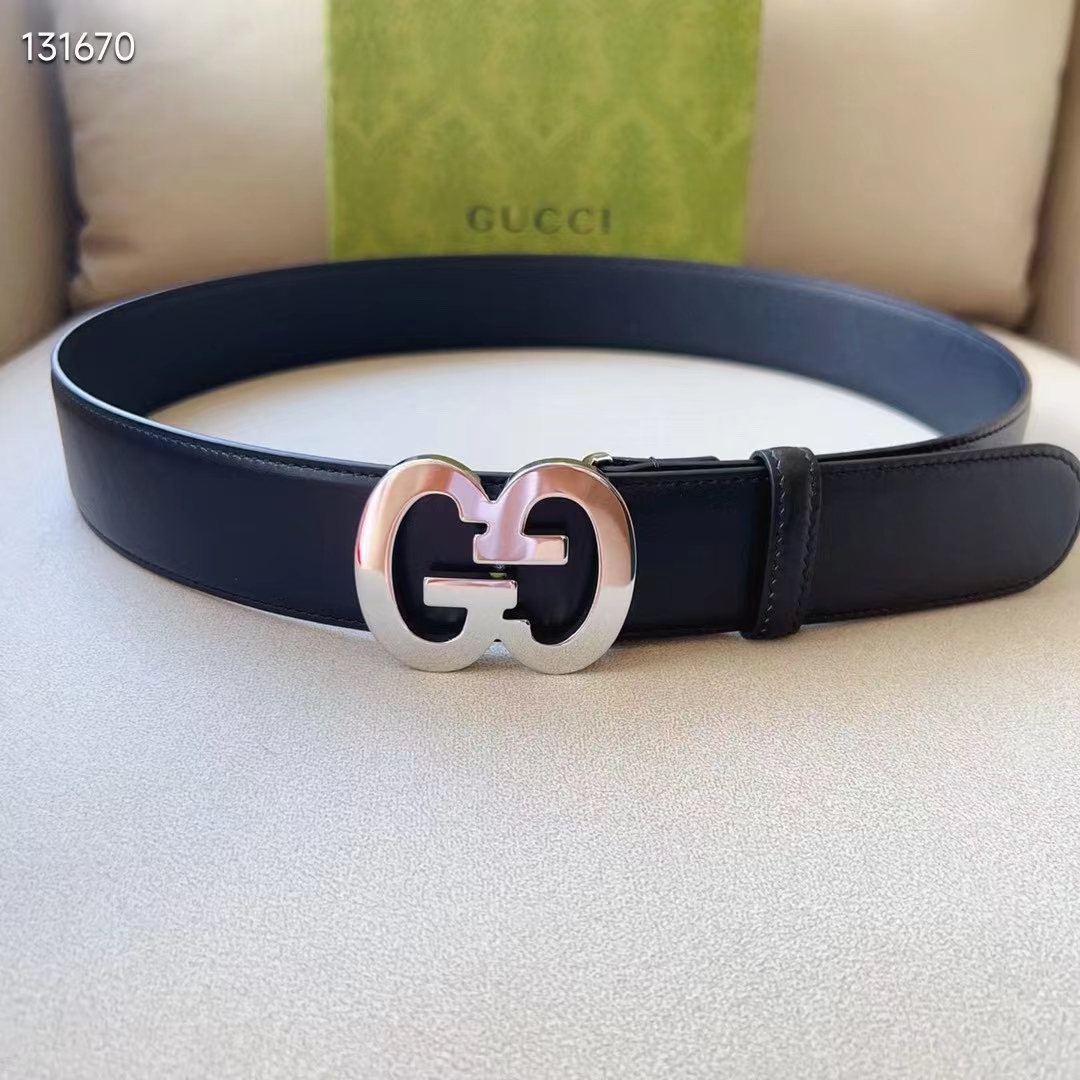 G*u*i gg unisex buckle wide belt black leather double g 4 cm width