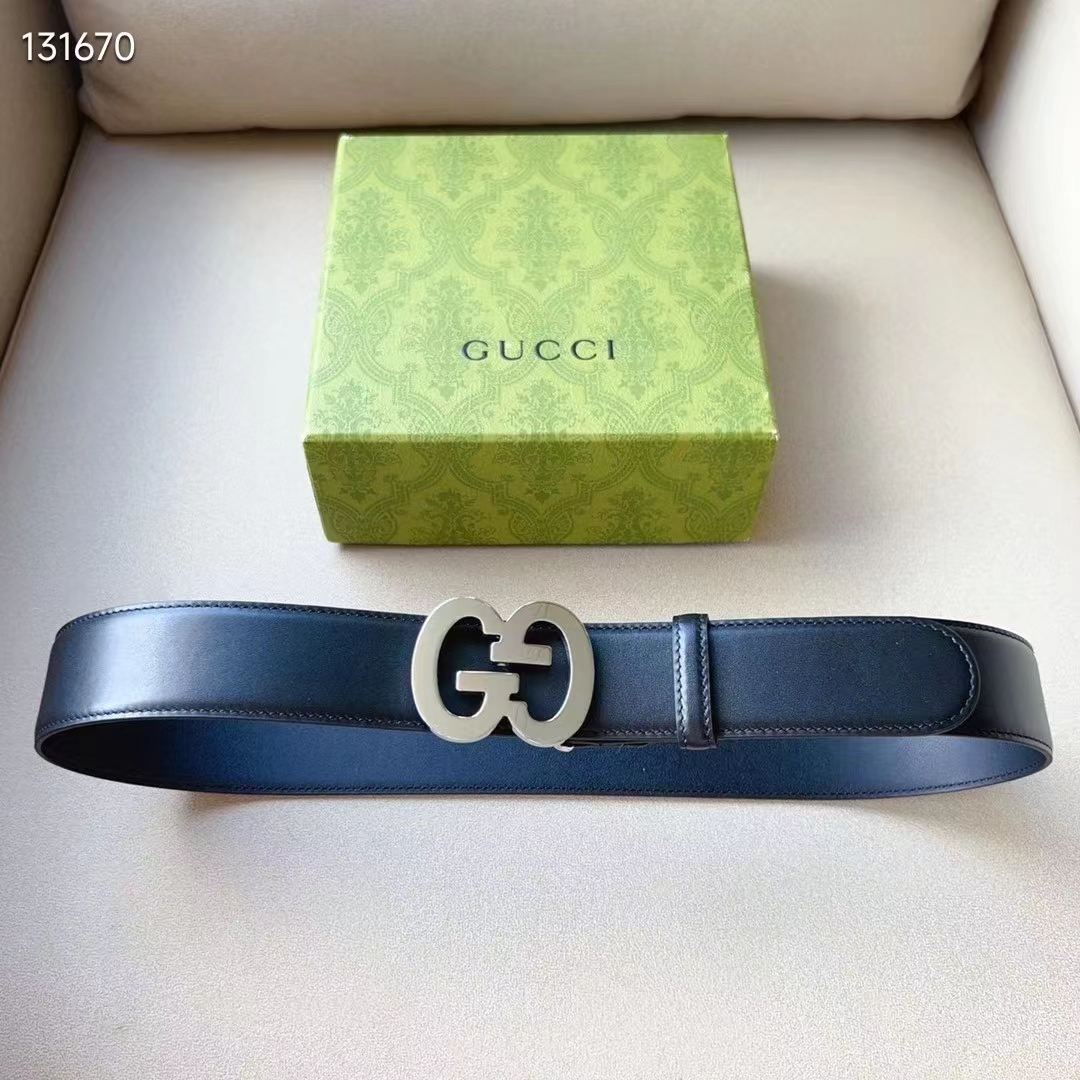 G*u*i gg unisex buckle wide belt black leather double g 4 cm width