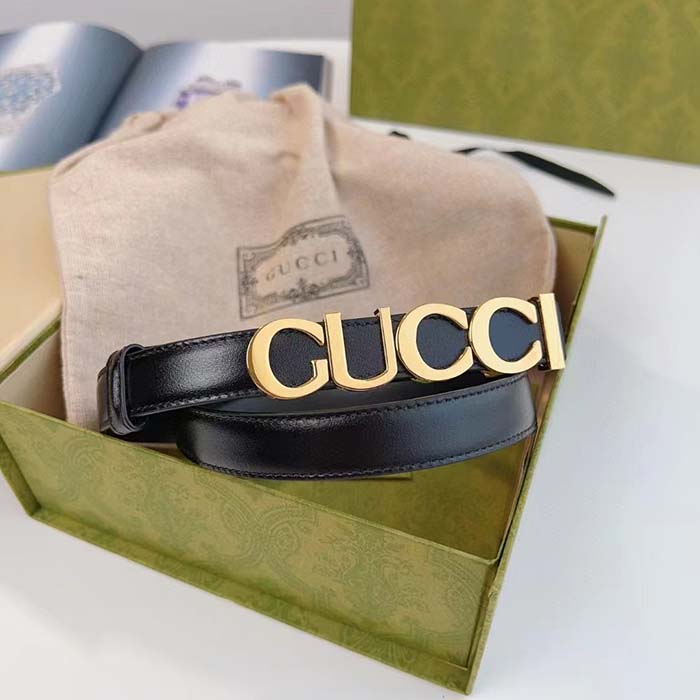 G*u*i unisex buckle thin belt black leather gold-toned hardware 2 cm width