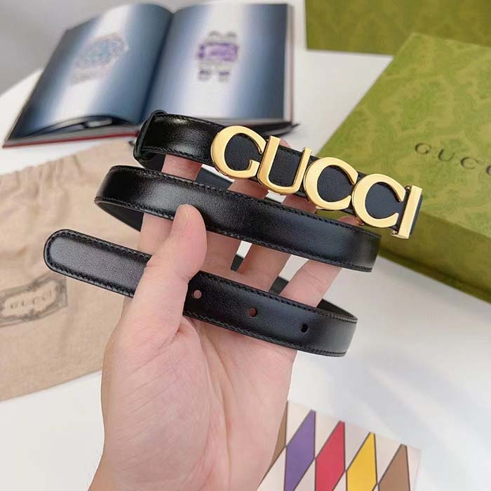 G*u*i unisex buckle thin belt black leather gold-toned hardware 2 cm width