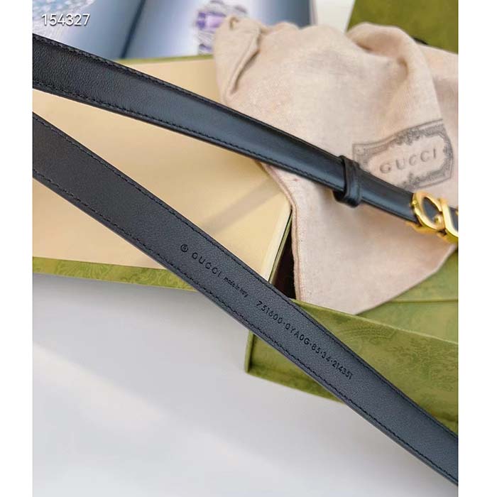 G*u*i unisex buckle thin belt black leather gold-toned hardware 2 cm width