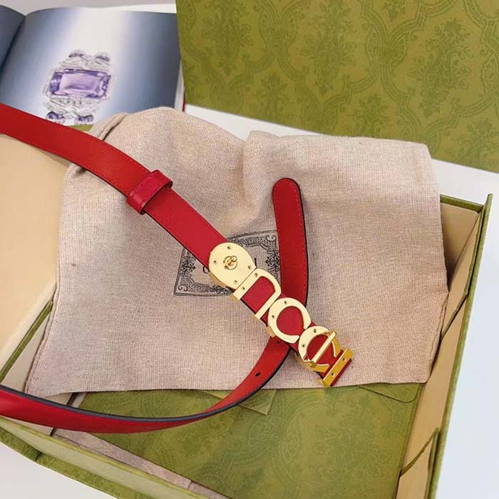 G*u*i unisex buckle thin belt red leather gold-toned hardware 1.5 cm width