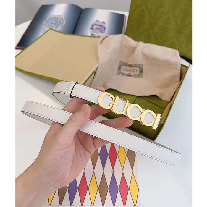 G*u*i unisex buckle thin belt white leather gold-toned hardware 2 cm width