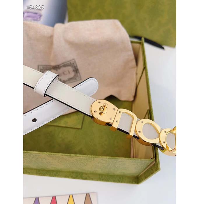 G*u*i unisex buckle thin belt white leather gold-toned hardware 2 cm width